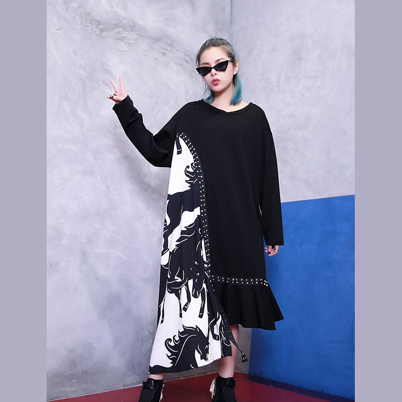 Feines schwarzes Naturkleid in Übergröße, Patchwork, asymmetrisches Design, elegante Baggy-Kleider mit V-Ausschnitt