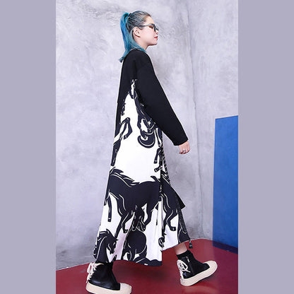 Feines schwarzes Naturkleid in Übergröße, Patchwork, asymmetrisches Design, elegante Baggy-Kleider mit V-Ausschnitt