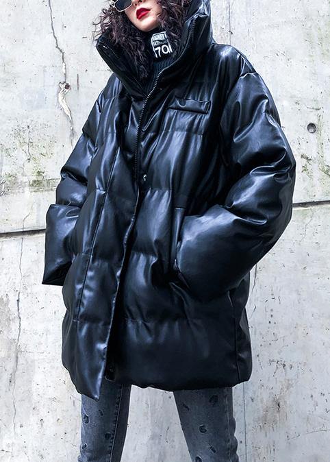 Fine black outwear plus size down jacket high neck zippered overcoat - SooLinen