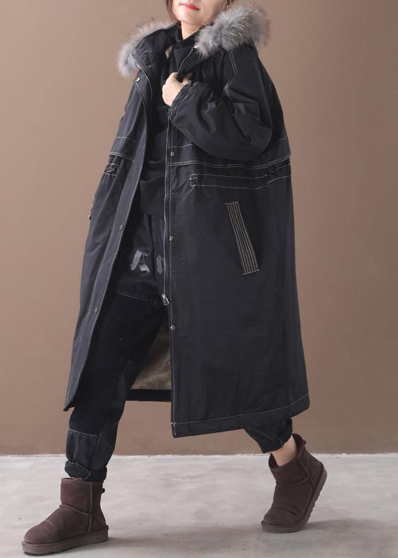 Fine black overcoat plus size snow jackets hooded true fur collar outwear - SooLinen