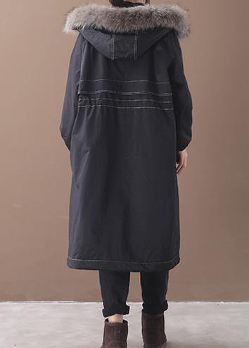 Fine black overcoat plus size snow jackets hooded true fur collar outwear - SooLinen