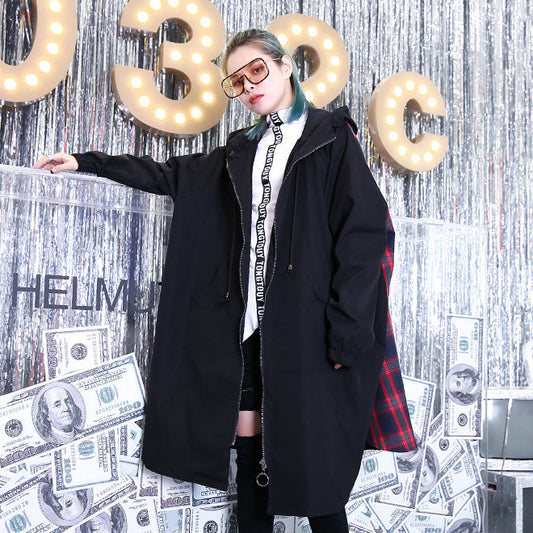 Feiner schwarzer Patchwork-Maximantel, trendiger Plus-Size-Wintermantel mit Kapuze, feine Baggy-Mäntel