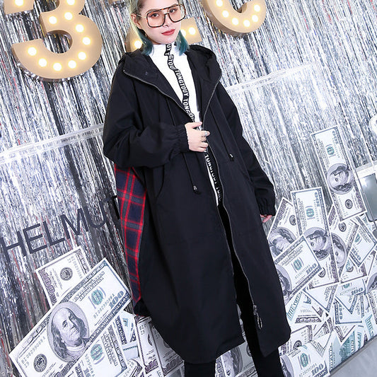 Feiner schwarzer Patchwork-Maximantel, trendiger Plus-Size-Wintermantel mit Kapuze, feine Baggy-Mäntel