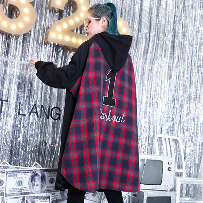 Feiner schwarzer Patchwork-Maximantel, trendiger Plus-Size-Wintermantel mit Kapuze, feine Baggy-Mäntel