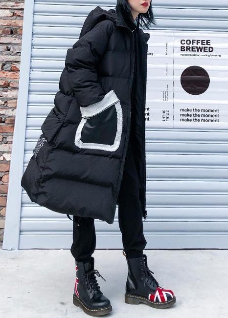 Fine black print Parkas for women Loose fitting winter jacket hooded patchwork overcoat - SooLinen