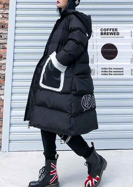 Fine black print Parkas for women Loose fitting winter jacket hooded patchwork overcoat - SooLinen