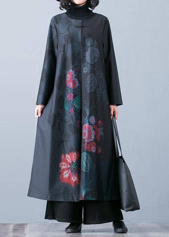 Fine black prints overcoat trendy plus size long jackets fall trench coats Chinese Button - SooLinen