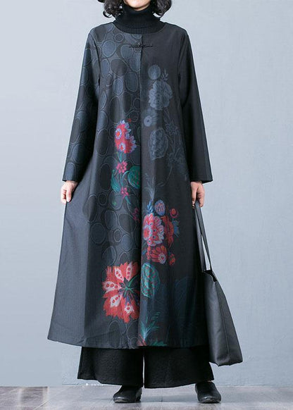 Fine black prints overcoat trendy plus size long jackets fall trench coats Chinese Button - SooLinen