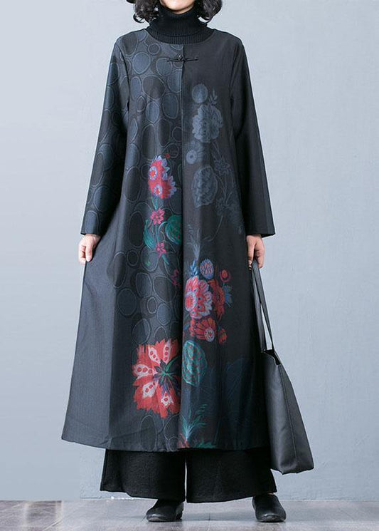 Fine black prints overcoat trendy plus size long jackets fall trench coats Chinese Button - SooLinen