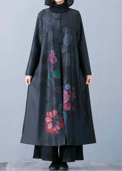 Fine black prints overcoat trendy plus size long jackets fall trench coats Chinese Button - SooLinen