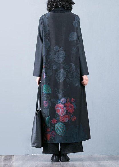 Fine black prints overcoat trendy plus size long jackets fall trench coats Chinese Button - SooLinen