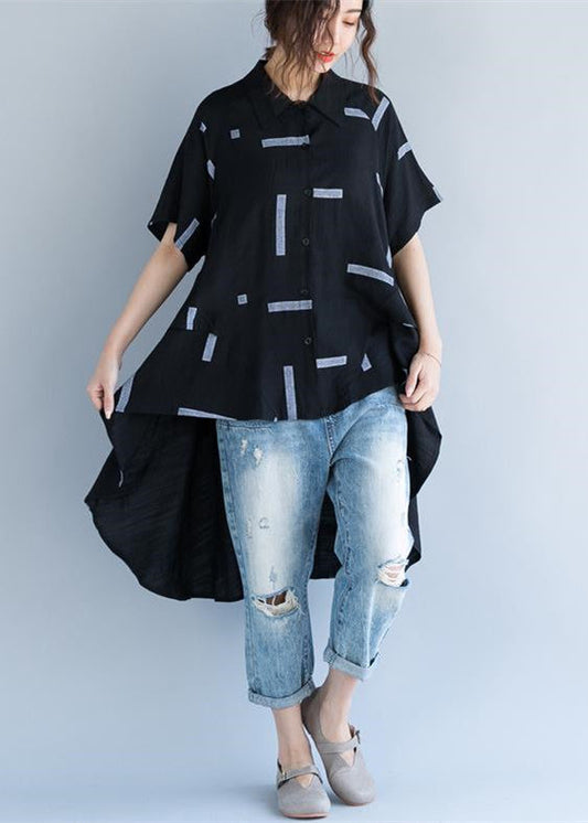 Feine schwarze Bluse aus reiner Baumwolle Oversize-Reisebluse feine Low-High-Design Kurzarm-Baumwollblusen