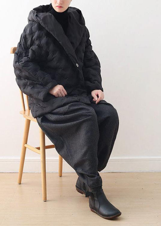 Fine black shortgoose Down coat oversize hooded womens parka tie waistWarm Jackets - SooLinen