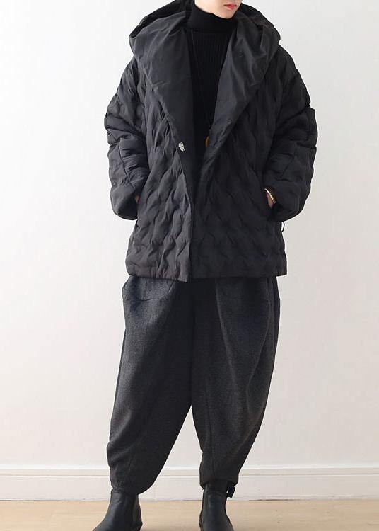 Fine black shortgoose Down coat oversize hooded womens parka tie waistWarm Jackets - SooLinen
