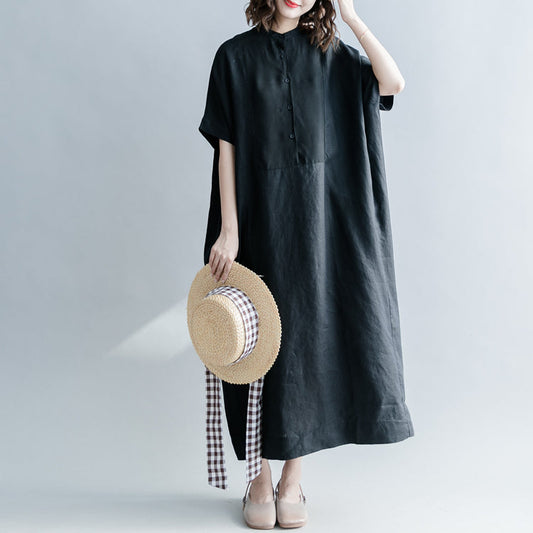 Feine schwarze Seidenleinenkleider Oversize Stand Baggy Kleider Kaftans lässiges Kurzarm Patchworkkleid