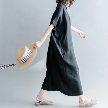 Feine schwarze Seidenleinenkleider Oversize Stand Baggy Kleider Kaftans lässiges Kurzarm Patchworkkleid