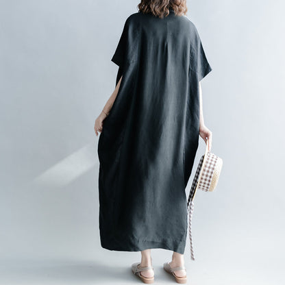 Feine schwarze Seidenleinenkleider Oversize Stand Baggy Kleider Kaftans lässiges Kurzarm Patchworkkleid