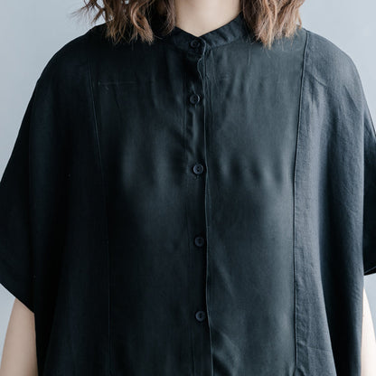 Feine schwarze Seidenleinenkleider Oversize Stand Baggy Kleider Kaftans lässiges Kurzarm Patchworkkleid
