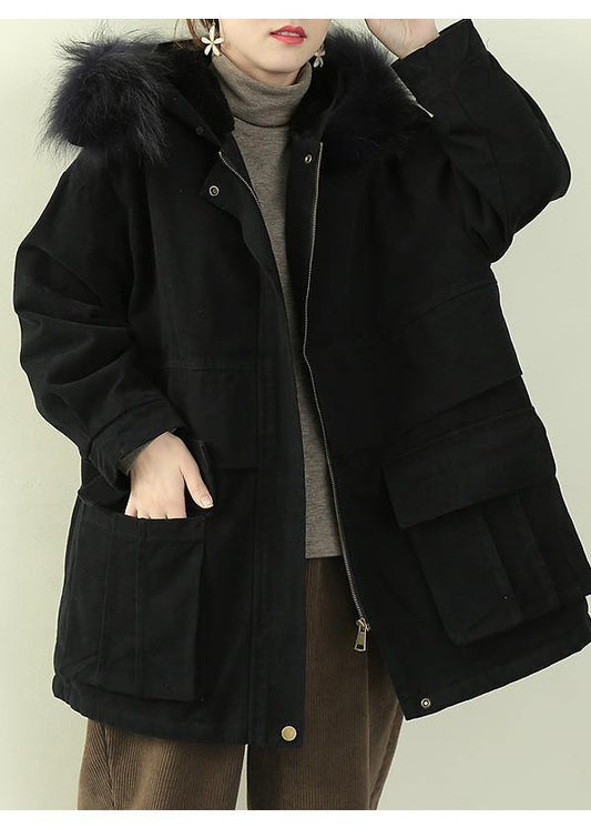 Fine black thick overcoat plus size down jacket faux fur collar winter coats - SooLinen