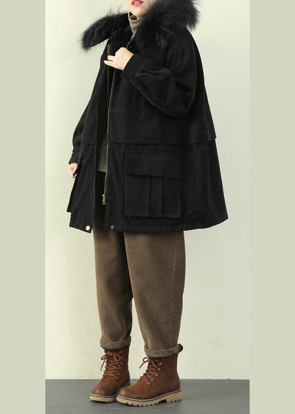 Fine black thick overcoat plus size down jacket faux fur collar winter coats - SooLinen