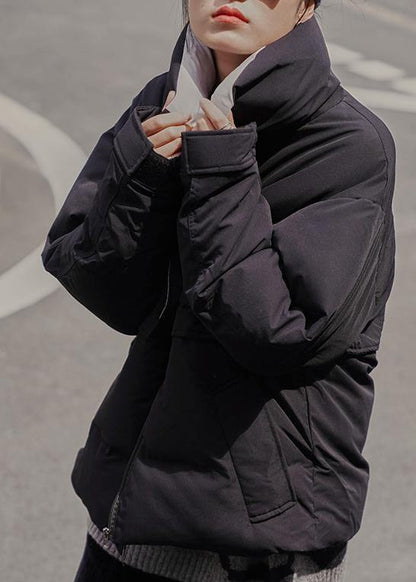 Fine black winter outwear Loose fitting Jackets stand collar patchwork outwear - SooLinen