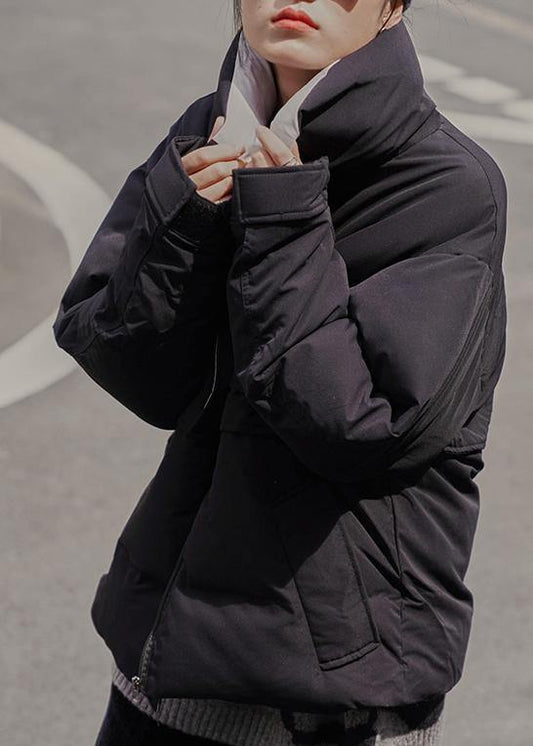 Fine black winter outwear Loose fitting Jackets stand collar patchwork outwear - SooLinen