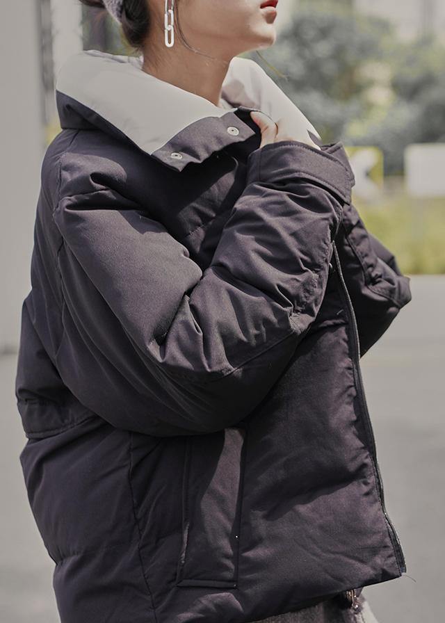 Fine black winter outwear Loose fitting Jackets stand collar patchwork outwear - SooLinen