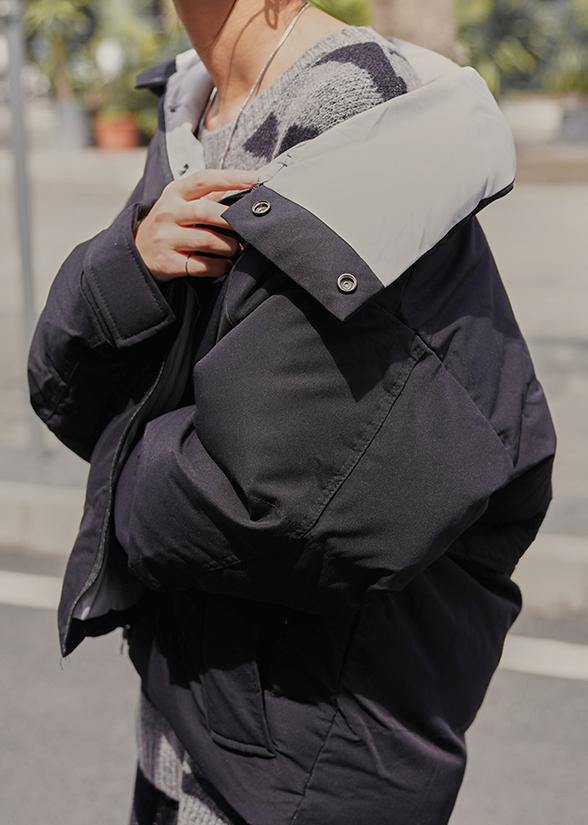 Fine black winter outwear Loose fitting Jackets stand collar patchwork outwear - SooLinen