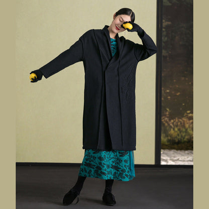 Feiner schwarzer Wollmantel für Damen in Übergröße, Stickerei, Wintermantel, langärmelige Wolloberbekleidung