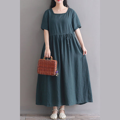 Feine schwarzgrüne lange Leinenkleider Oversize Square Collar Kurzarm Leinenkleid Vintage Extra großer Saum Kaftane