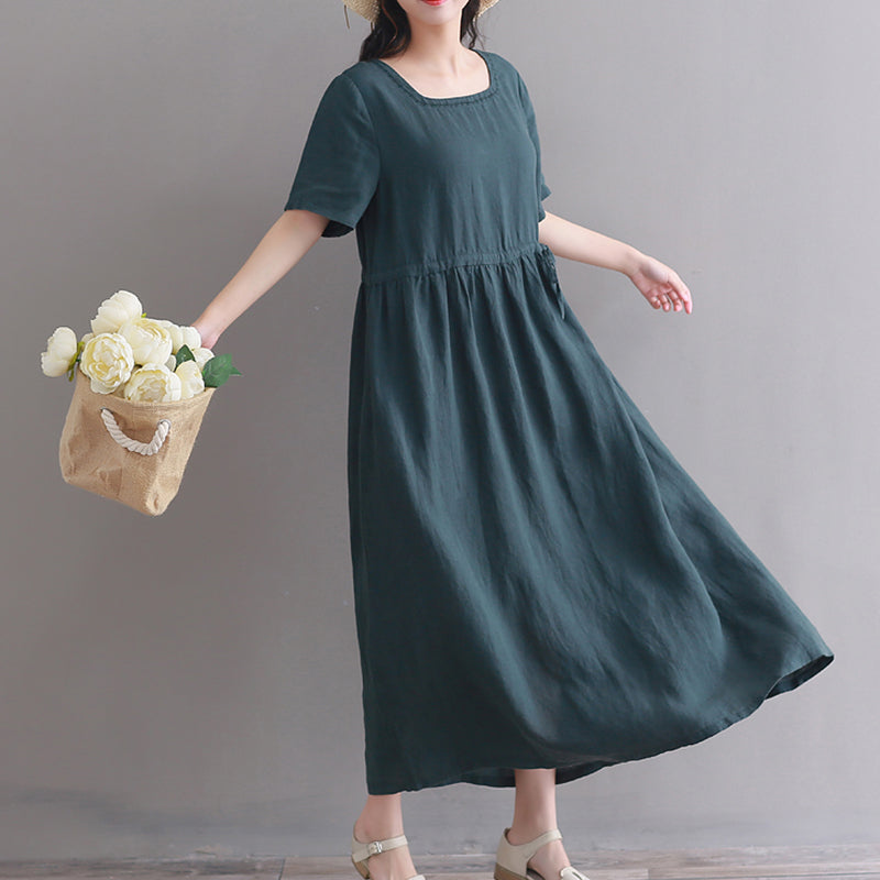 Feine schwarzgrüne lange Leinenkleider Oversize Square Collar Kurzarm Leinenkleid Vintage Extra großer Saum Kaftane