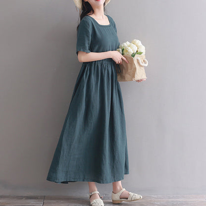 Feine schwarzgrüne lange Leinenkleider Oversize Square Collar Kurzarm Leinenkleid Vintage Extra großer Saum Kaftane