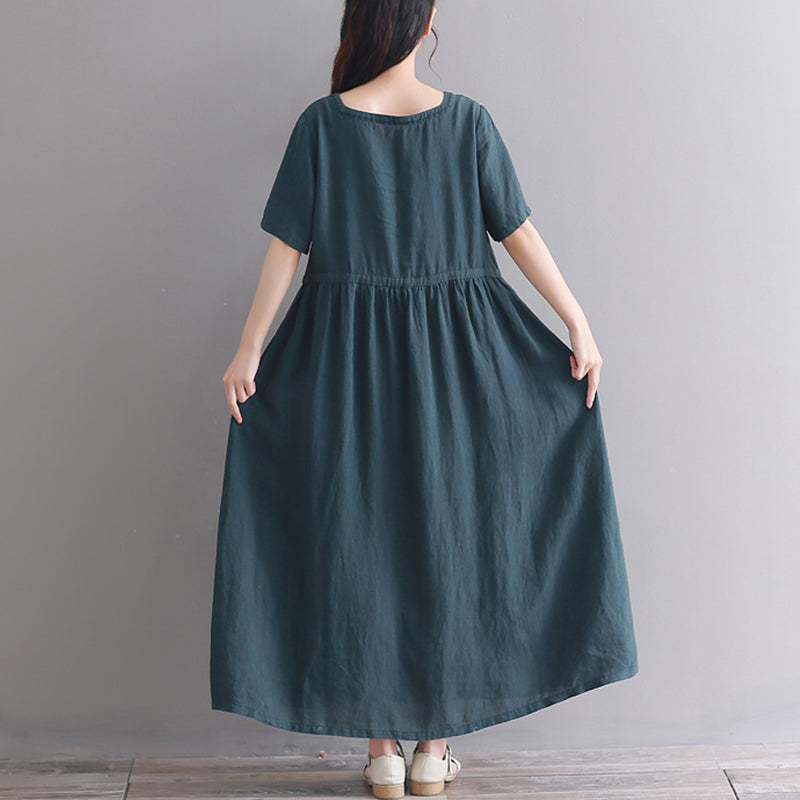 Feine schwarzgrüne lange Leinenkleider Oversize Square Collar Kurzarm Leinenkleid Vintage Extra großer Saum Kaftane