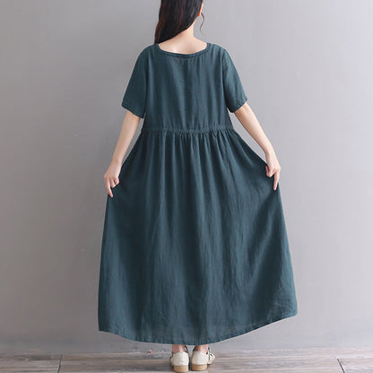 Feine schwarzgrüne lange Leinenkleider Oversize Square Collar Kurzarm Leinenkleid Vintage Extra großer Saum Kaftane