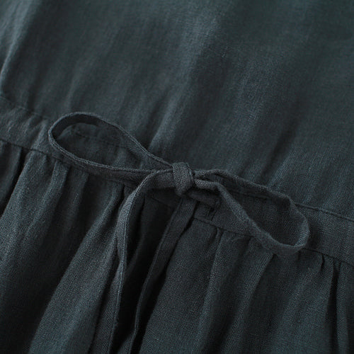 Feine schwarzgrüne lange Leinenkleider Oversize Square Collar Kurzarm Leinenkleid Vintage Extra großer Saum Kaftane