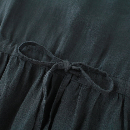 Feine schwarzgrüne lange Leinenkleider Oversize Square Collar Kurzarm Leinenkleid Vintage Extra großer Saum Kaftane