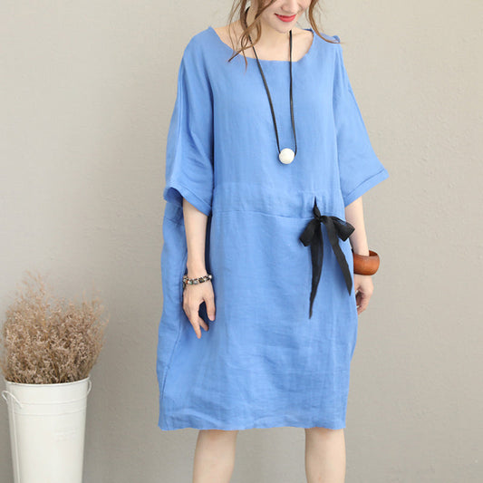 Feines blaues Midi-Leinenkleid Oversize Leinenkleid feine Taille Kordelzug Armband Ärmel Kniekleider