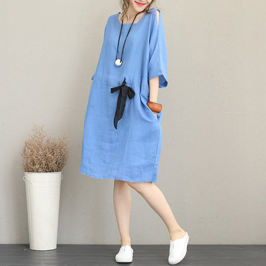 Feines blaues Midi-Leinenkleid Oversize Leinenkleid feine Taille Kordelzug Armband Ärmel Kniekleider