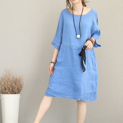 Feines blaues Midi-Leinenkleid Oversize Leinenkleid feine Taille Kordelzug Armband Ärmel Kniekleider