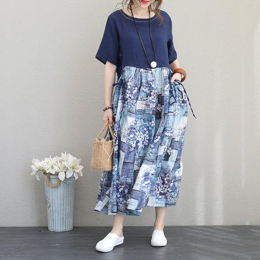 Feine blaue Leinenkleider übergroße Patchwork-Blumenkaftane Vintage-Kurzarmkaftane