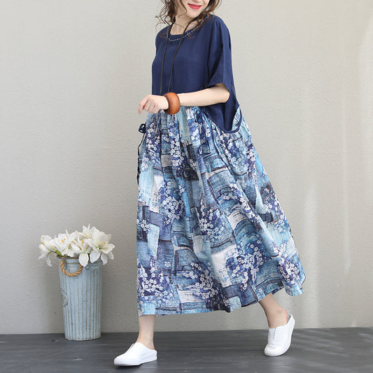 Feine blaue Leinenkleider übergroße Patchwork-Blumenkaftane Vintage-Kurzarmkaftane