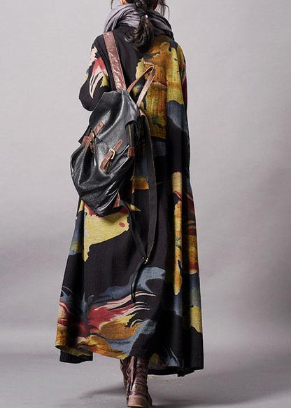 Fine blue print plus size clothing long fall lapel Button Down coat - SooLinen