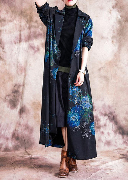 Fine blue prints Coats Loose fitting trench coats fall outwear lapel collar - SooLinen