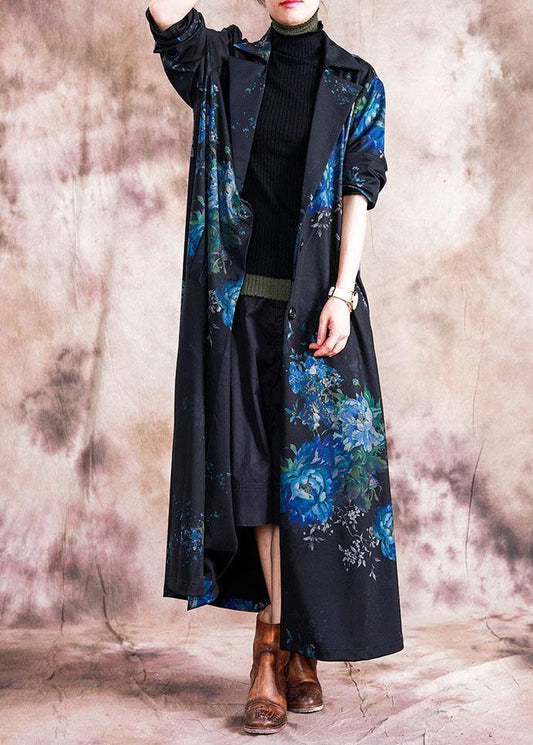 Fine blue prints Coats Loose fitting trench coats fall outwear lapel collar - SooLinen