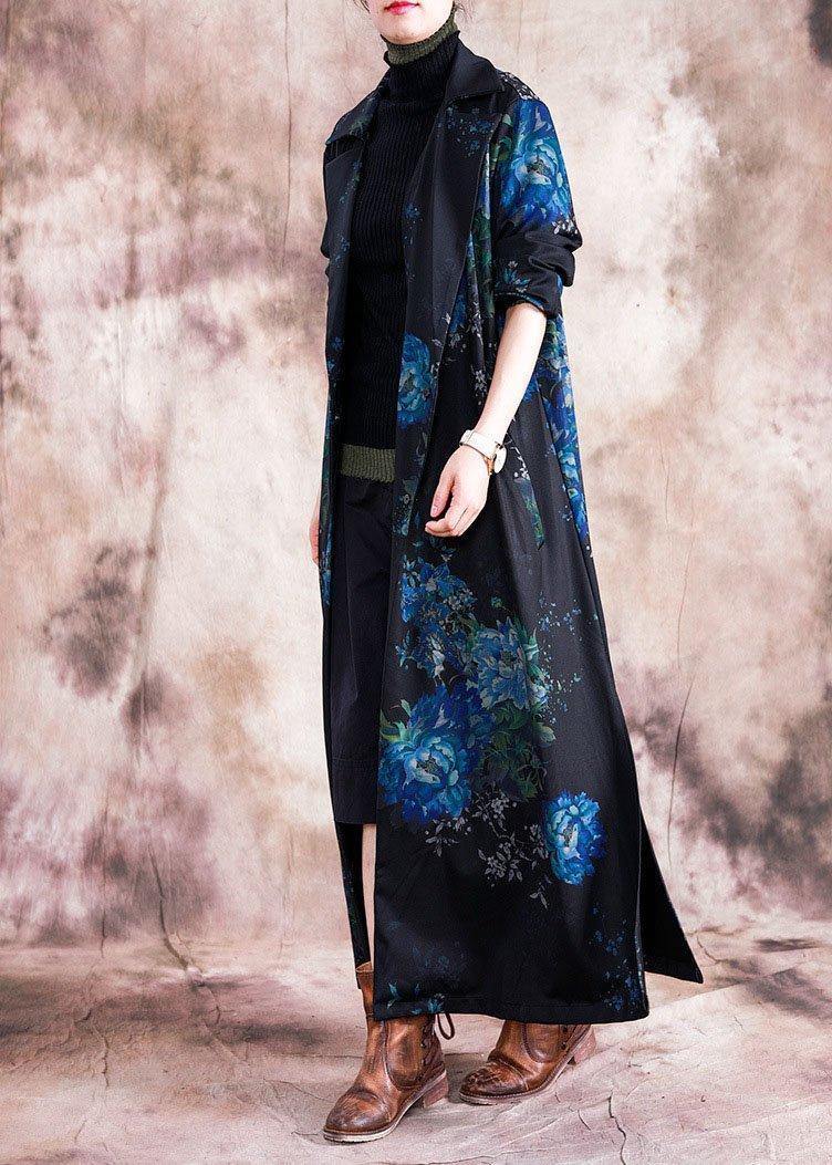 Fine blue prints Coats Loose fitting trench coats fall outwear lapel collar - SooLinen