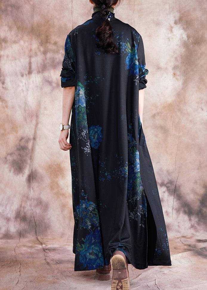 Fine blue prints Coats Loose fitting trench coats fall outwear lapel collar - SooLinen