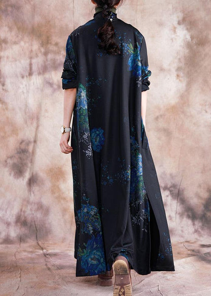 Fine blue prints Coats Loose fitting trench coats fall outwear lapel collar - SooLinen