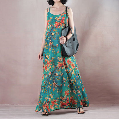 Feines blaues Sommer-Maxikleid mit Rundhalsausschnitt und Spaghettiträgern, Cocktailkleid mit A-Linien-Röcken und geblümten Maxikleidern