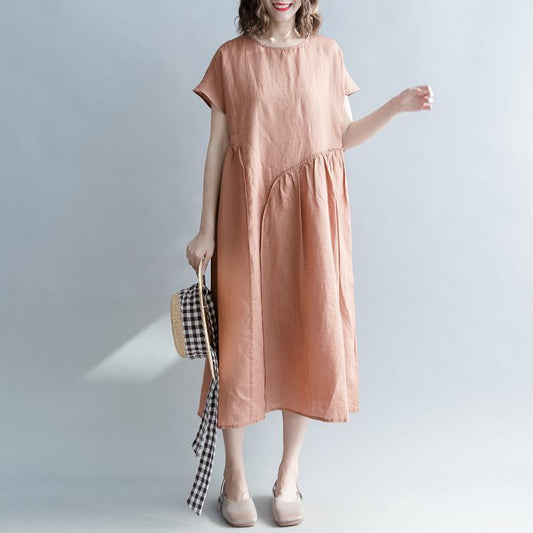 Feine braune lange Leinenkleider in Übergröße, Patchwork-Kleid mit Rundhalsausschnitt, elegante Baggy-Kleider mit kurzen Ärmeln