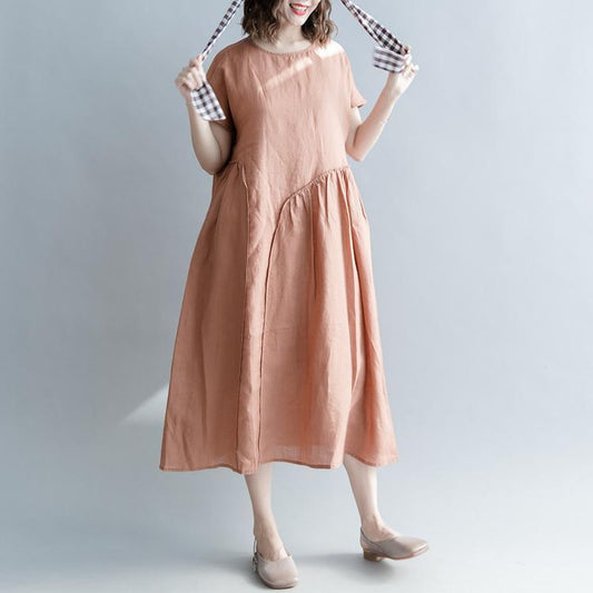 Feine braune lange Leinenkleider in Übergröße, Patchwork-Kleid mit Rundhalsausschnitt, elegante Baggy-Kleider mit kurzen Ärmeln